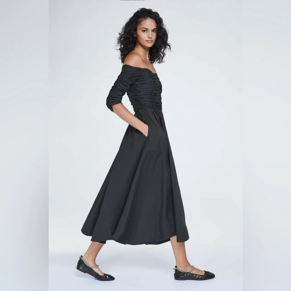 DOROTHEE SCHUMACHER poplin power midi off the shoulder dress in black